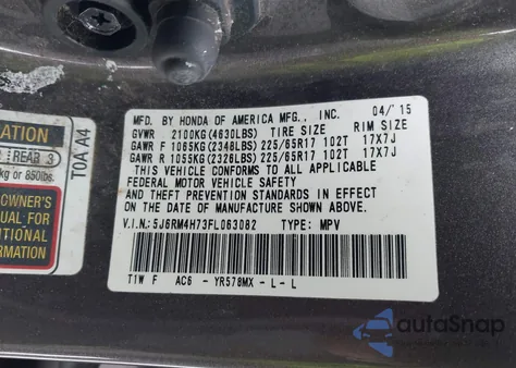 2015 Honda Cr-V Ex-L z USA, uszkodzony, nr VIN 5J6RM4H73FL063082